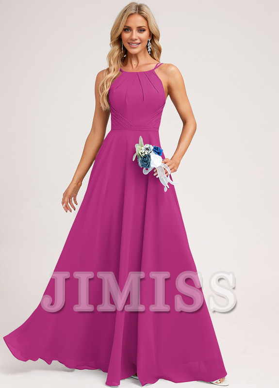 A-Line Halter Neck Floor Length Chiffon Bridesmaids Dress