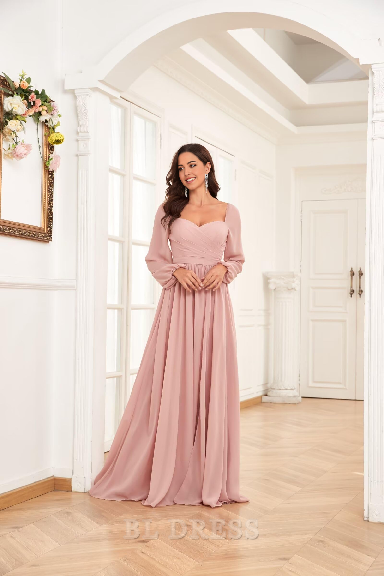 A-line Long Sleeve Pleated Chiffon formal dresses Bridesmaid Dresses evening gown Prom Dress with Slit