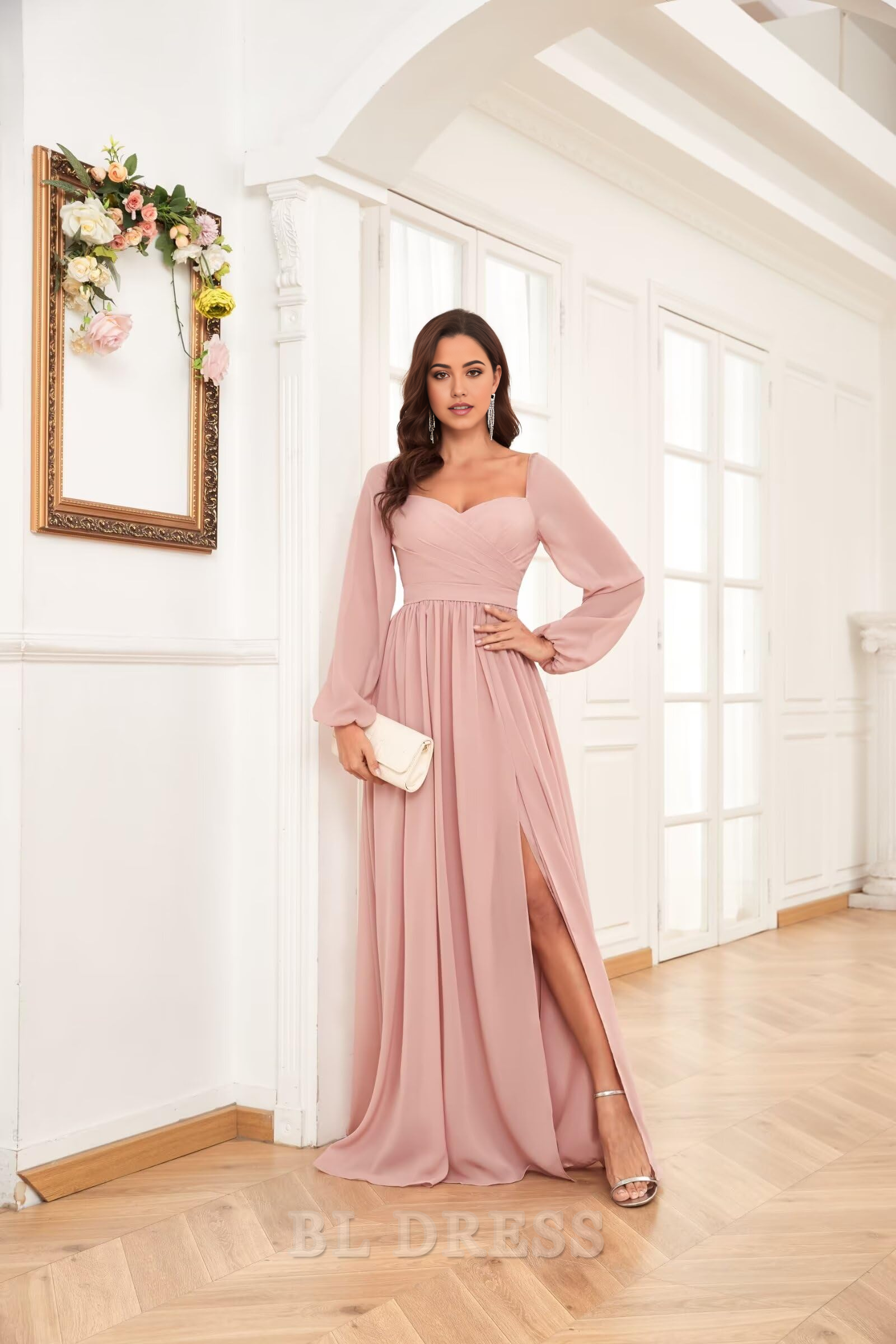 A-line Long Sleeve Pleated Chiffon formal dresses Bridesmaid Dresses evening gown Prom Dress with Slit