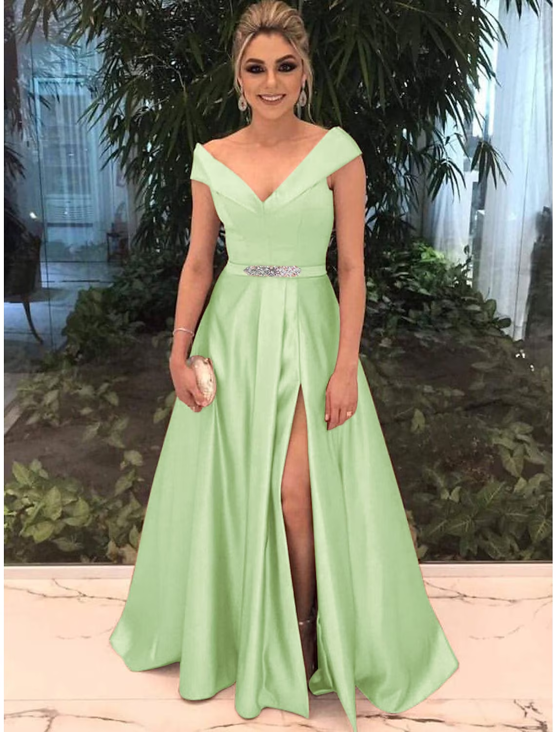 A-Line Elegant Prom Formal Evening Valentine's Day Dress Off Shoulder Short Sleeve Satin with Split Front
