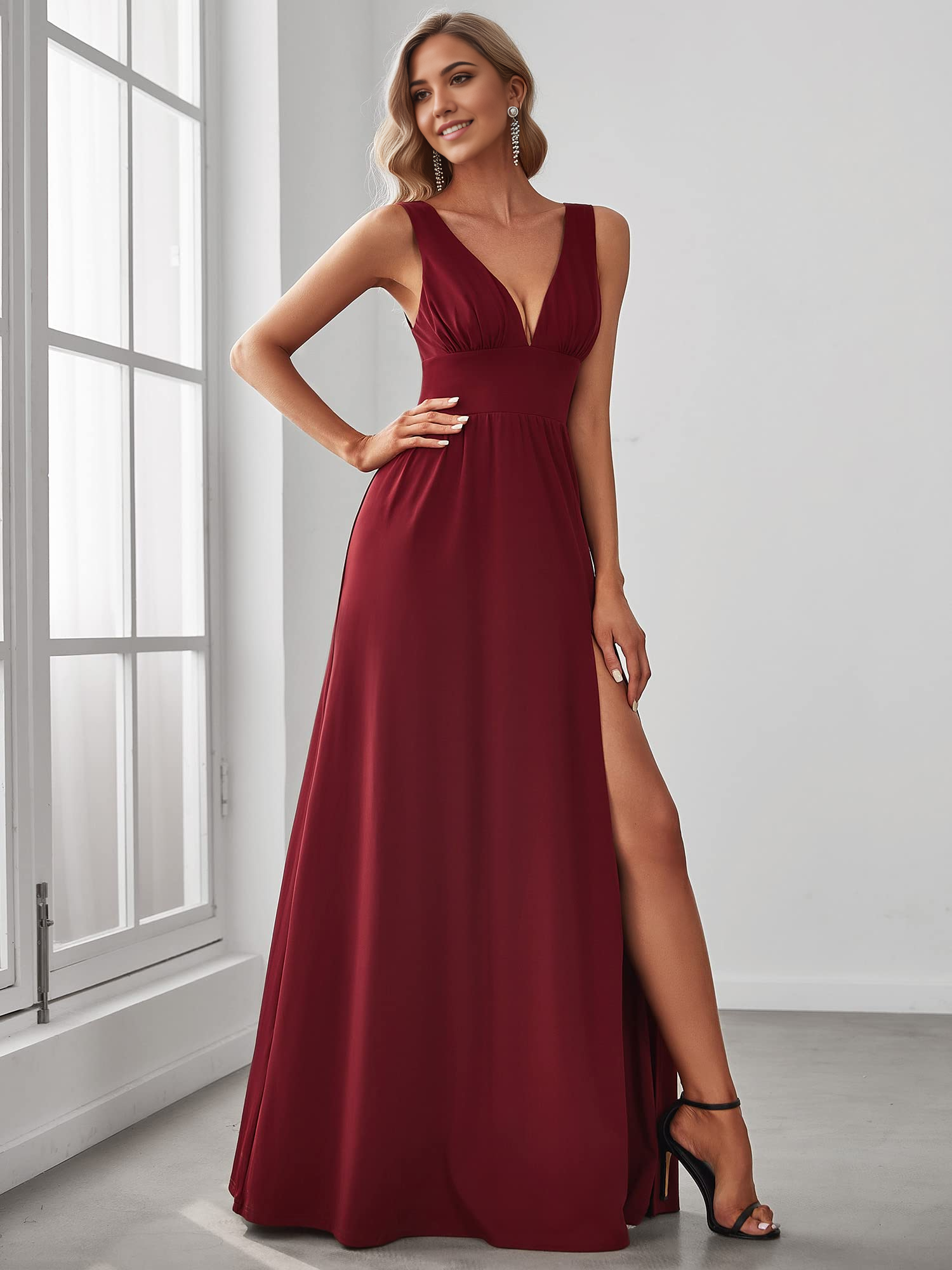 A-line Deep V-Neck Sleeveless Side Slit Floor Length formal dresses Bridesmaid Dresses evening gown Prom Dress