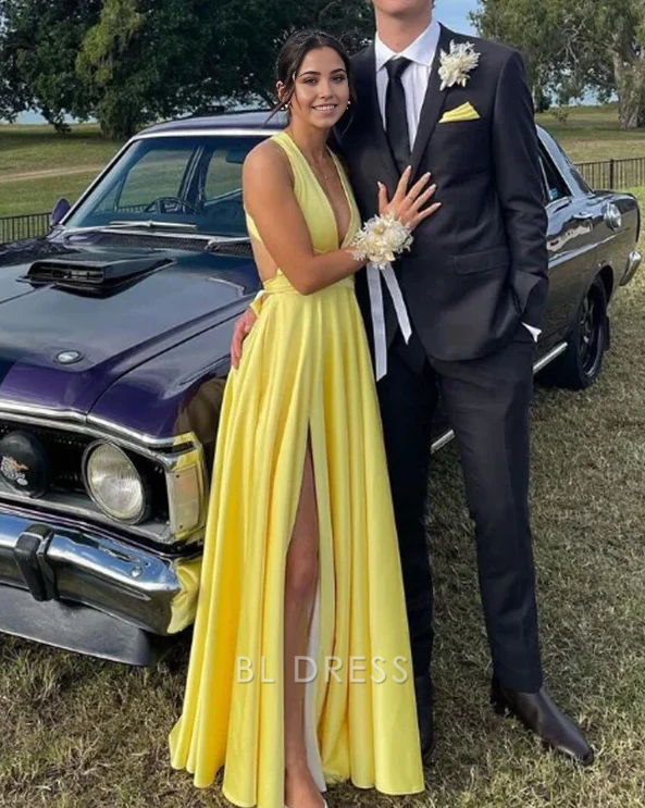 A line V Neck Backless Satin Long formal dresses Bridesmaid Dresses evening gown Prom Dress