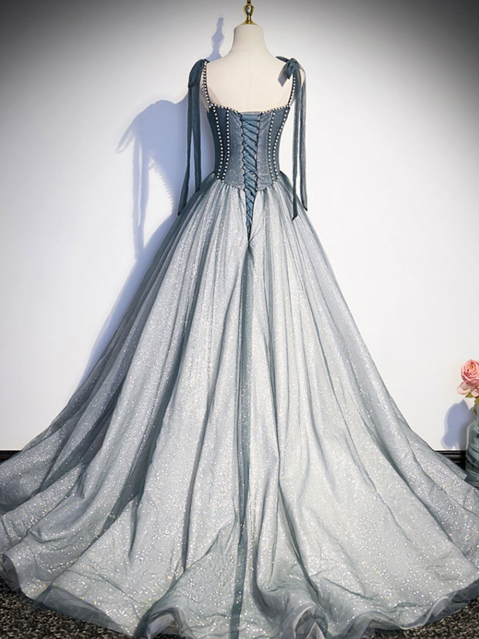 A-Line  Tulle Gray Long Prom Dress, Gray Formal Graduation Dress with Beading