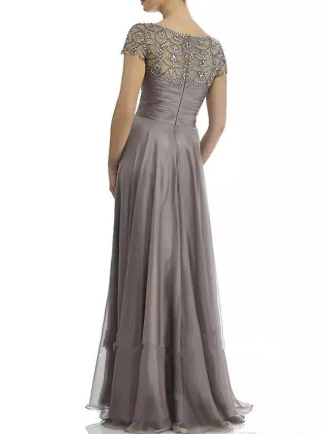 A-Line Mother of the Bride Dress Elegant Bateau Neck Floor Length Chiffon Short Sleeve with Pleats Beading Ruffles - RongMoon