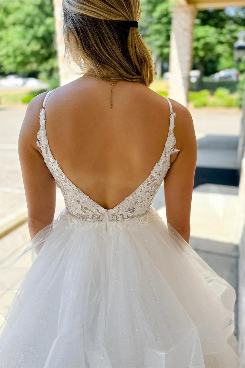 A-line Appliques Backless Multi-Layer Long Wedding Dress