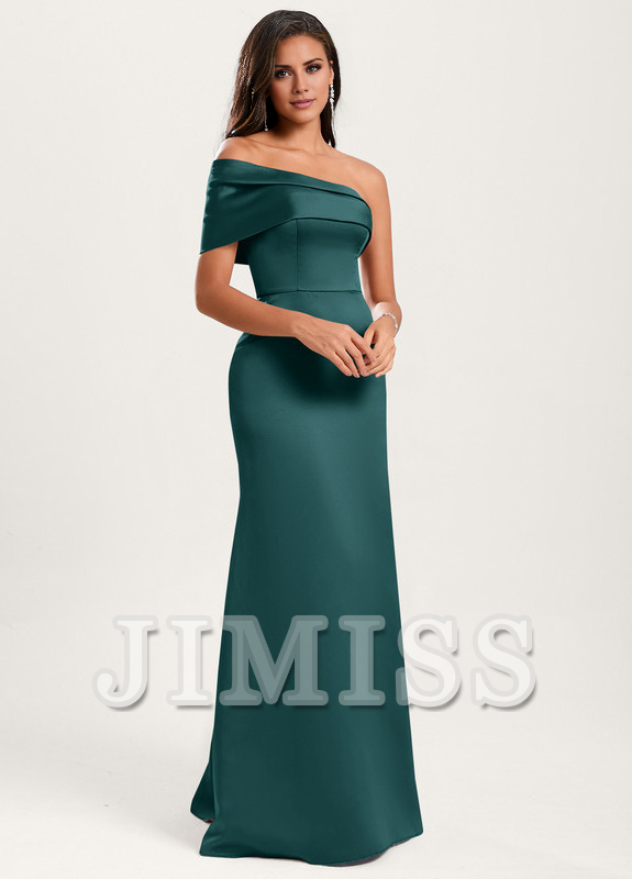 A-line asymmetric neckline floor-length satin bridesmaids dress