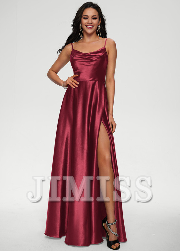 A-line draped floor-length satin prom dress