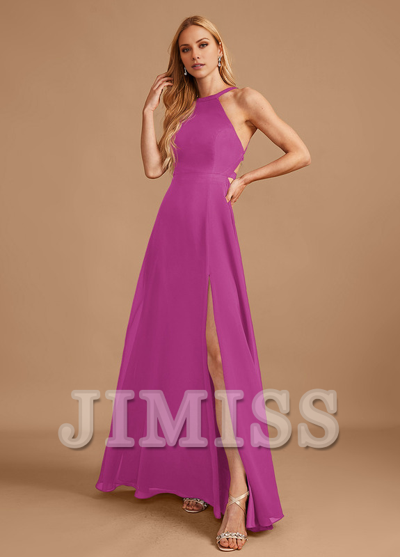 A-line high neck floor length chiffon bridesmaid dress