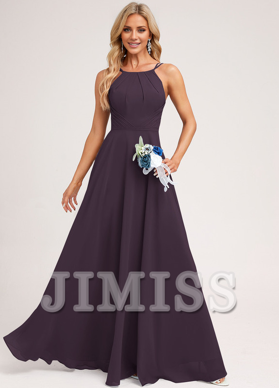 A-Line Halter Neck Floor Length Chiffon Bridesmaids Dress
