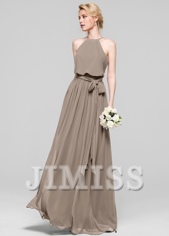 A-line low round neck bow floor mopping chiffon bridesmaid dress