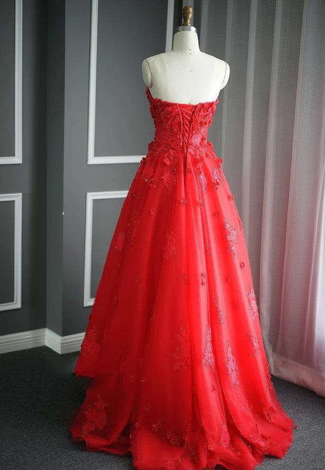 A Line Floral Lace Beaded Sweetheart Tulle Evening Gowns Long Prom Dress