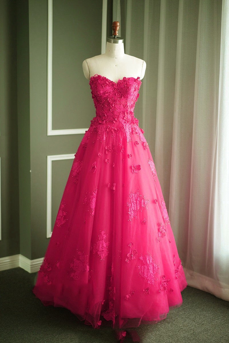A Line Floral Lace Beaded Sweetheart Tulle Evening Gowns Long Prom Dress