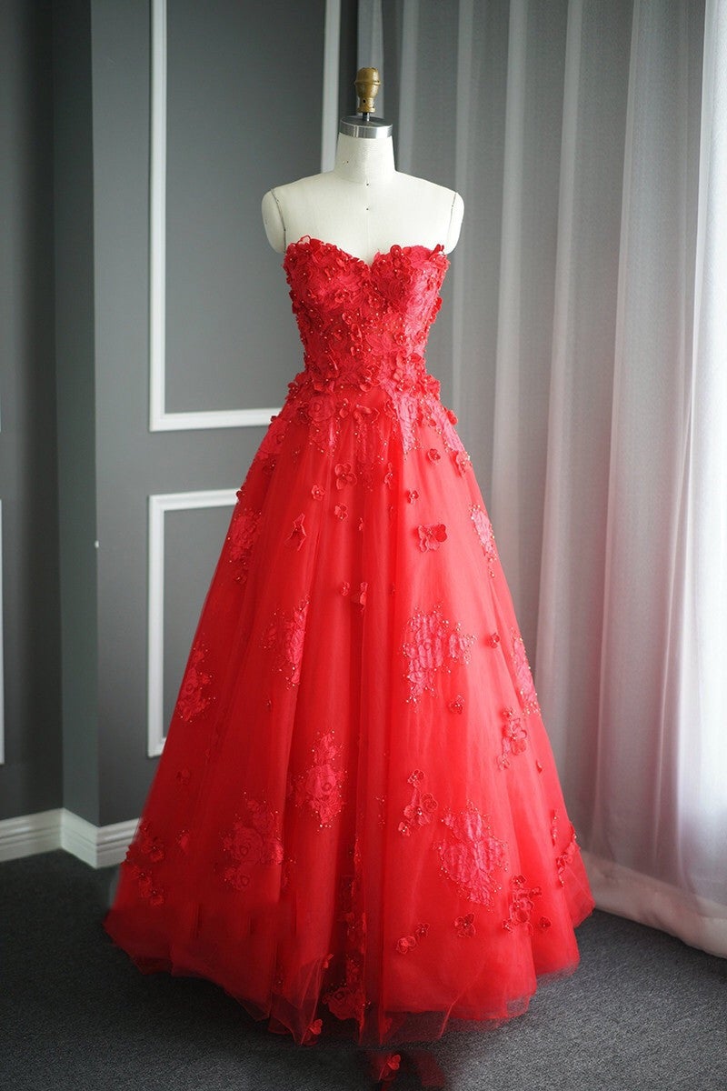 A Line Floral Lace Beaded Sweetheart Tulle Evening Gowns Long Prom Dress