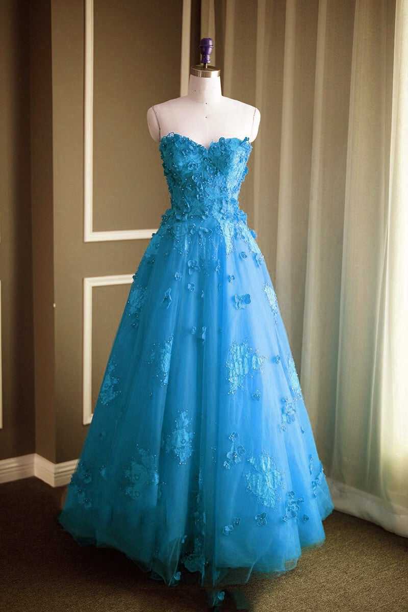 A Line Floral Lace Beaded Sweetheart Tulle Evening Gowns Long Prom Dress