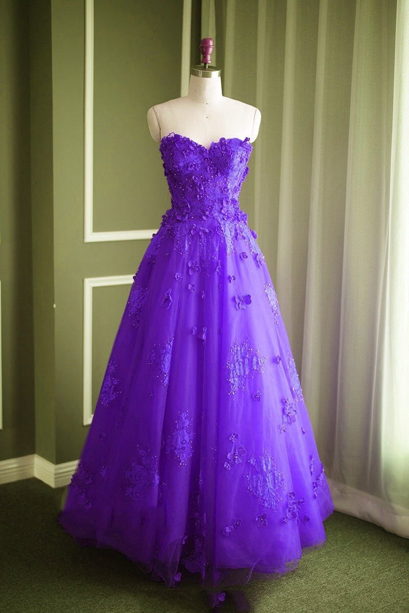 A Line Floral Lace Beaded Sweetheart Tulle Evening Gowns Long Prom Dress