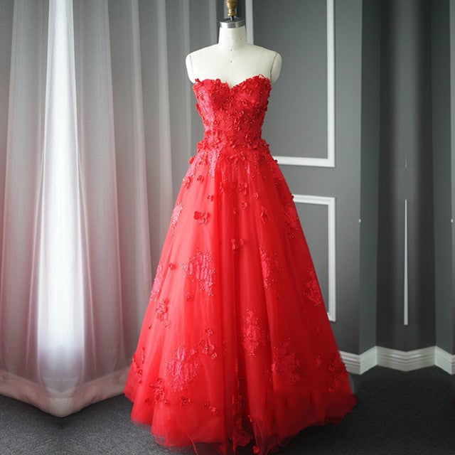 A Line Floral Lace Beaded Sweetheart Tulle Evening Gowns Long Prom Dress