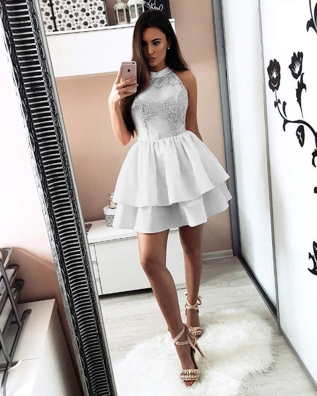 A Line Halter Satin Homecoming Dresses Lace Applique