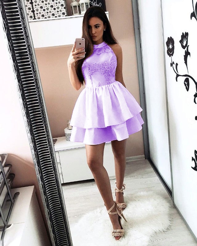 A Line Halter Satin Homecoming Dresses Lace Applique