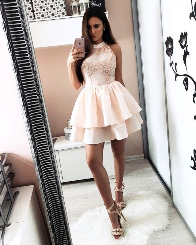 A Line Halter Satin Homecoming Dresses Lace Applique