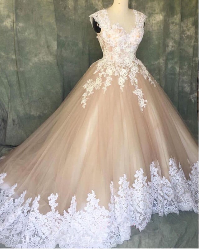 A Line Ivory Lace Cap Sleeves Tulle Champagne Wedding Dresses