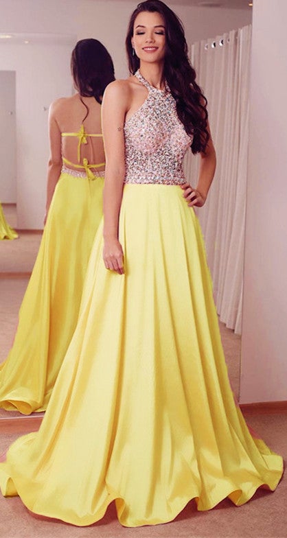 A Line Open Back Satin Prom Dresses Beaded Halter