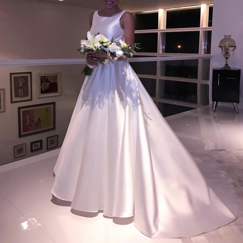 A Line Scoop Neck Bow Sashes Satin Wedding Dresses