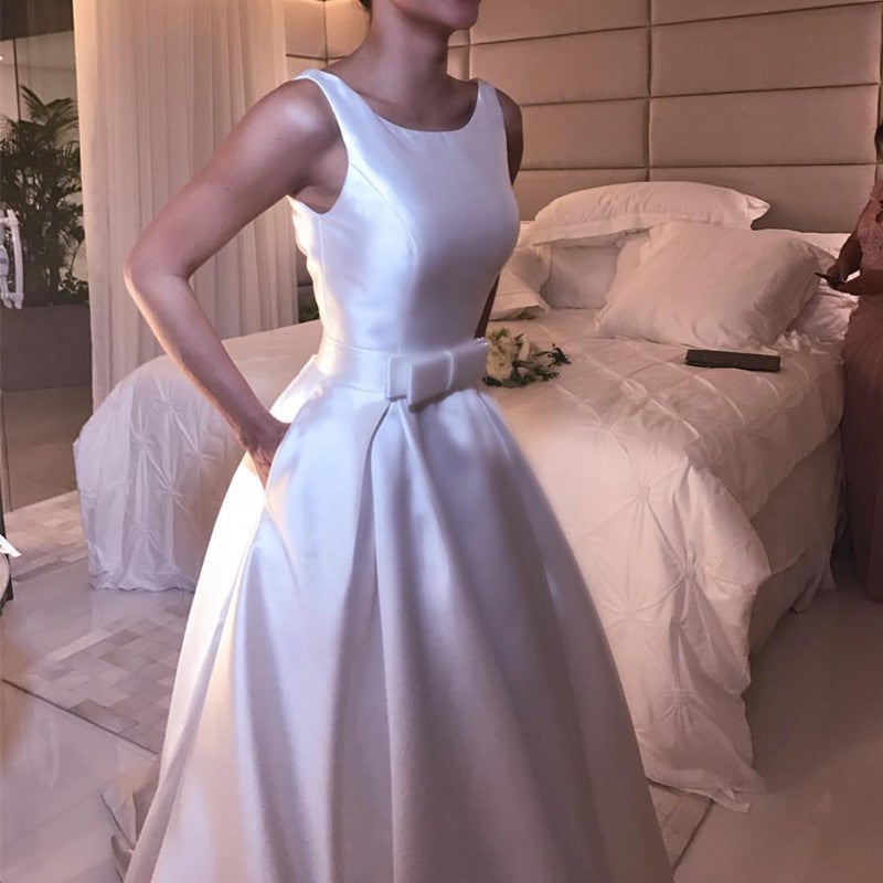 A Line Scoop Neck Bow Sashes Satin Wedding Dresses