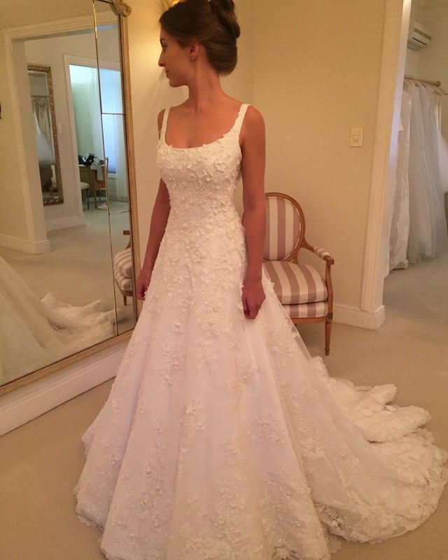 A Line Square Neck Lace Embroidery Wedding Gowns