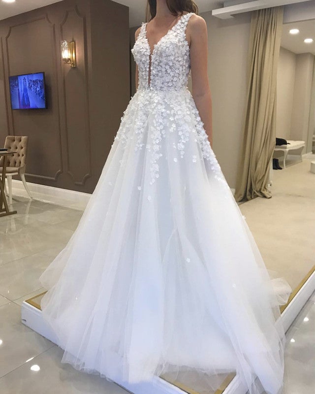 A Line Wedding Dresses Tulle V Neck With 3D Flowers