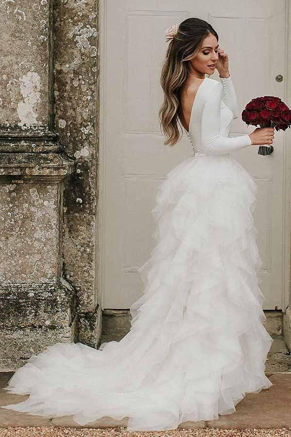 A-Line Bateau Long Sleeves Ruffles Tulle Elegant Wedding Dress TN224