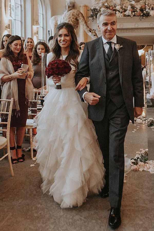 A-Line Bateau Long Sleeves Ruffles Tulle Elegant Wedding Dress TN224