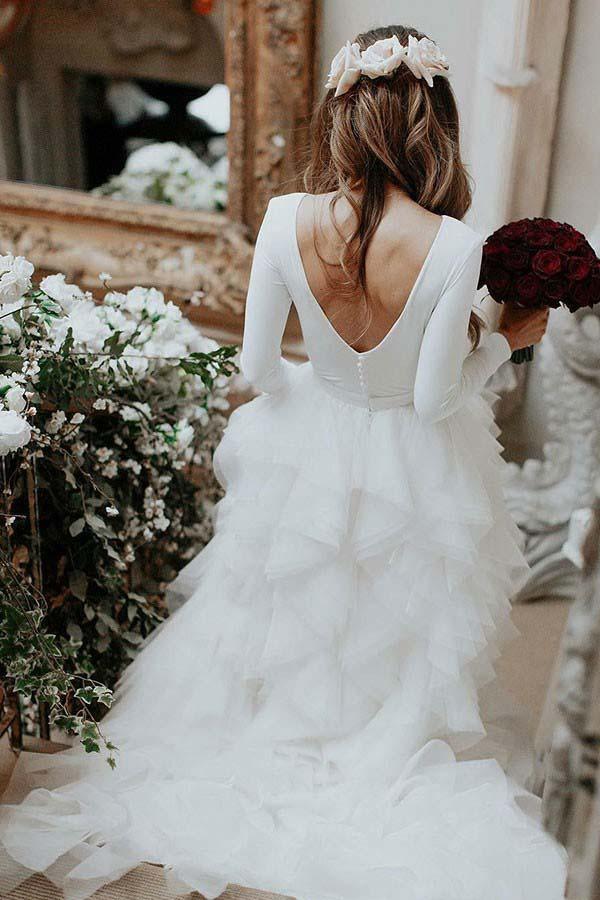 A-Line Bateau Long Sleeves Ruffles Tulle Elegant Wedding Dress TN224