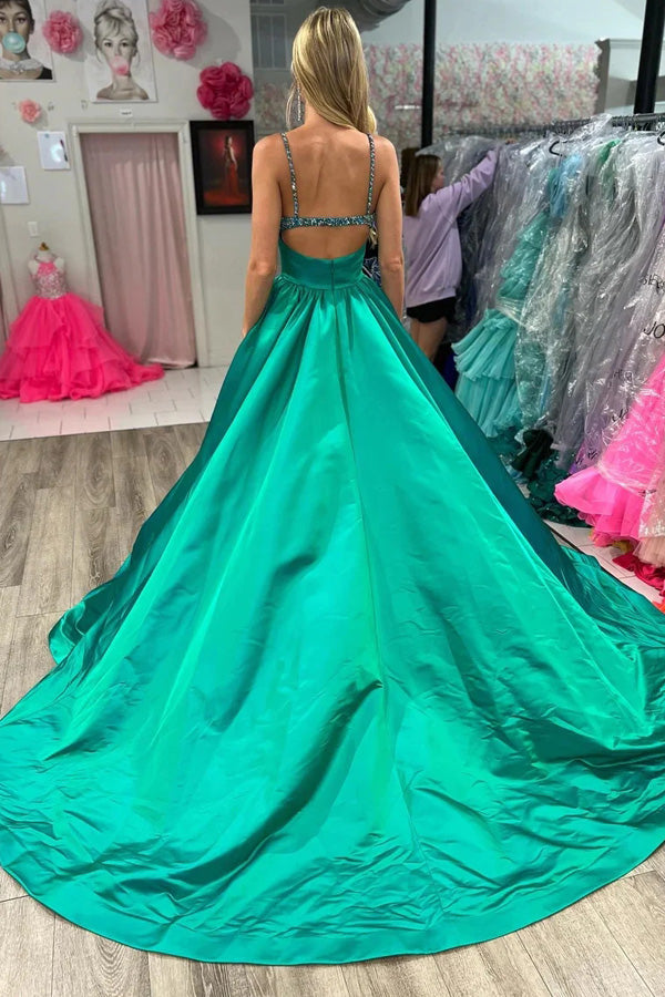 A-Line Emerald Beaded V-Neck Long Prom Dress with Slit TP1305