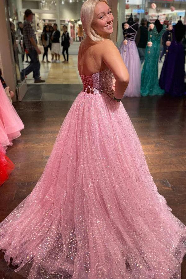 A-Line Light Pink Floor Length Strapless Sparkly Tulle Long Prom Dress TP1205