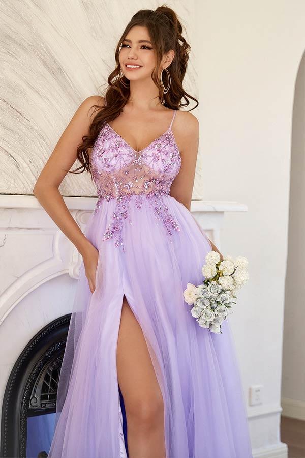 A-Line Lilac Tulle Split Long Prom Formal Dress With Beading TP1156