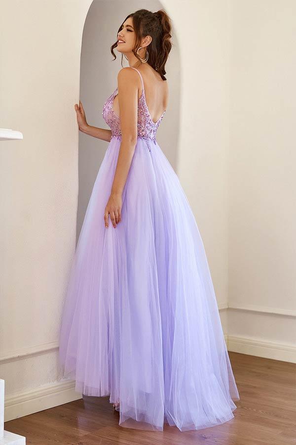 A-Line Lilac Tulle Split Long Prom Formal Dress With Beading TP1156