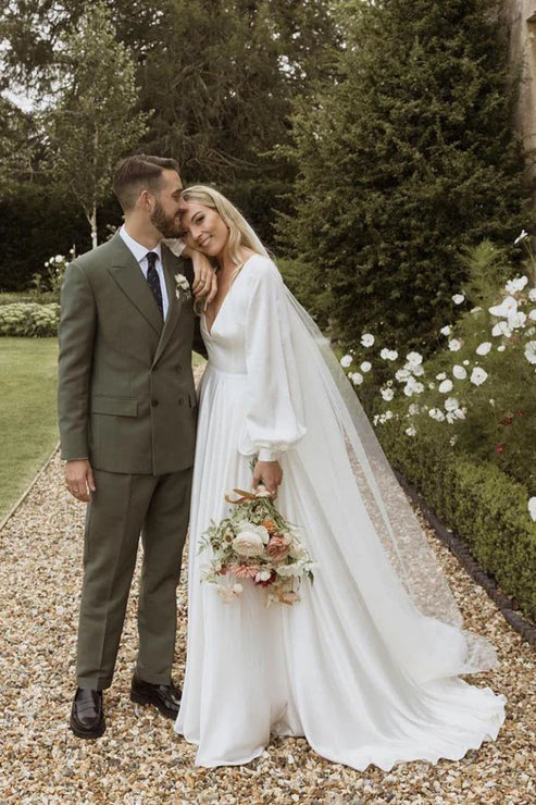 A-Line Long Sleeves Satin Wedding Dresses with V Neck Open Back Elegant