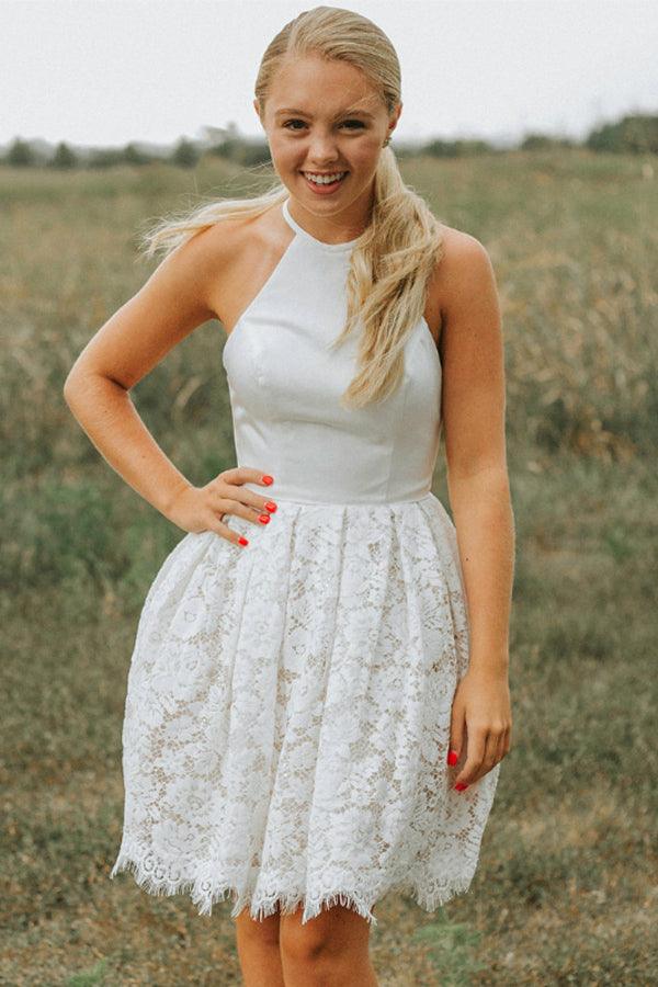 A-Line Ivory Lace Halter Backless Short Prom Dress Homecoming Dress HD0153