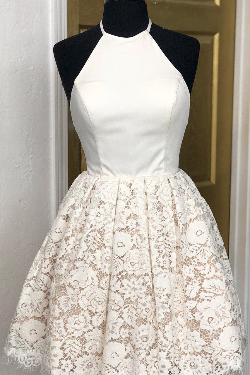 A-Line Ivory Lace Halter Backless Short Prom Dress Homecoming Dress HD0153