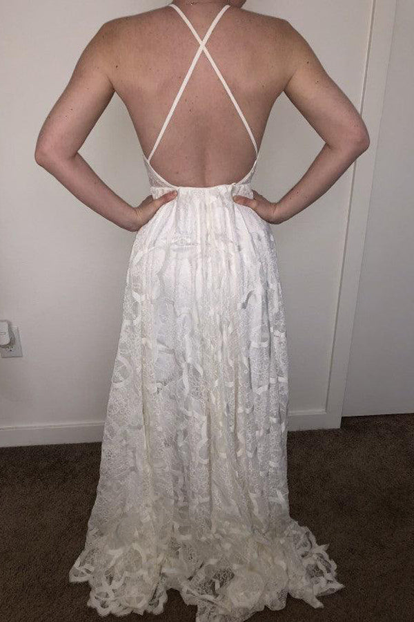 A-Line Halter Backless Sweep Train White Lace Wedding Dress with Pleats TN235