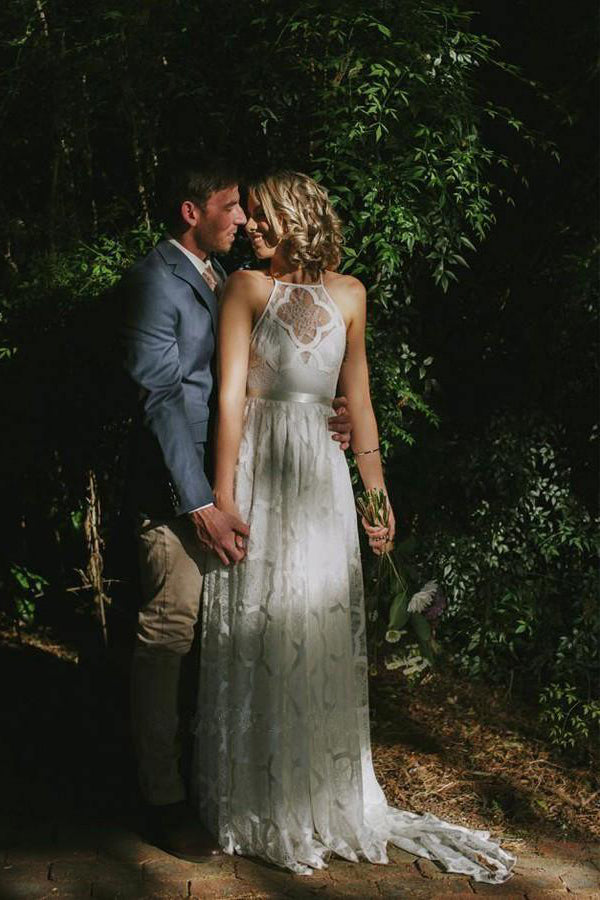 A-Line Halter Backless Sweep Train White Lace Wedding Dress with Pleats TN235