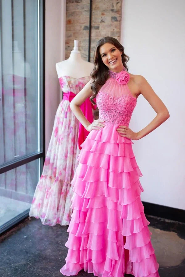 A-Line Halter Flower Tiered Hot Pink Long Prom Dress TP1330