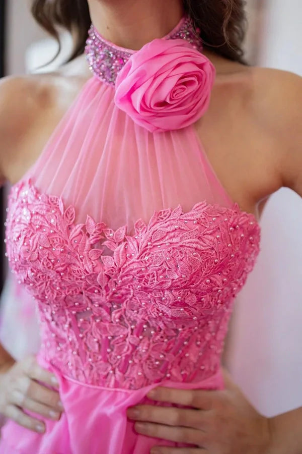 A-Line Halter Flower Tiered Hot Pink Long Prom Dress TP1330