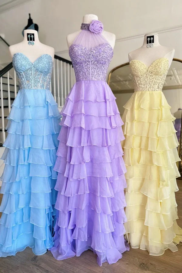 A-Line Halter Flower Tiered Hot Pink Long Prom Dress TP1330