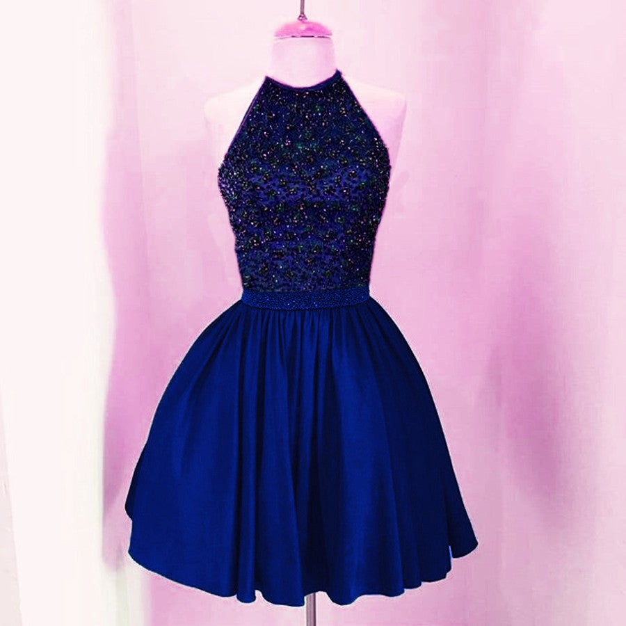 A-line Beaded Halter Keyhole Back Satin Homecoming Dresses Short