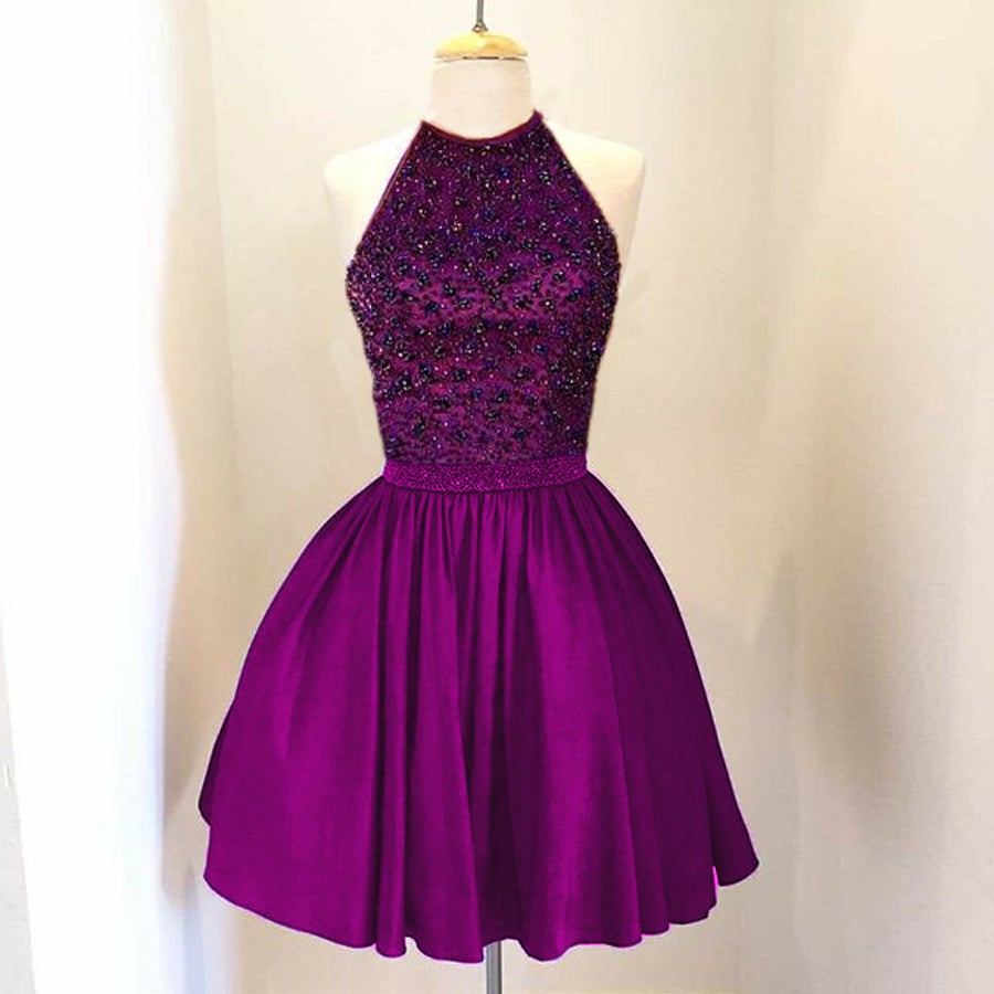A-line Beaded Halter Keyhole Back Satin Homecoming Dresses Short