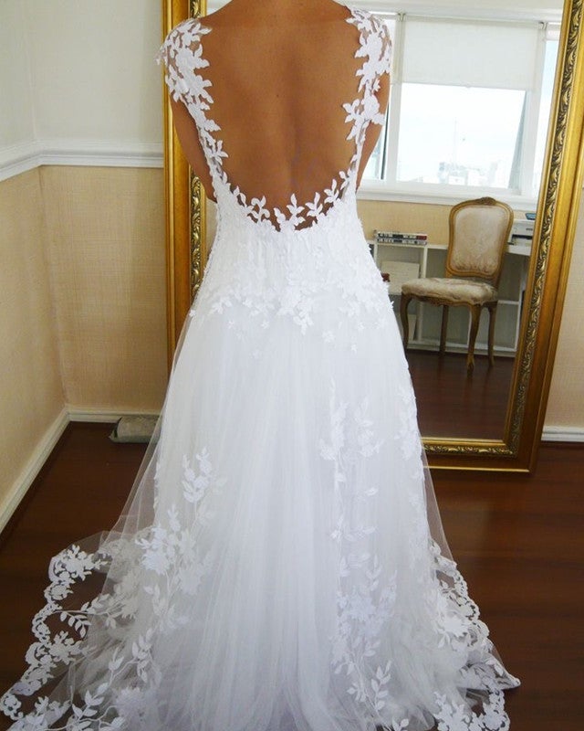 A-line Cap Sleeves Nude Back Tulle Wedding Dresses Lace Appliques