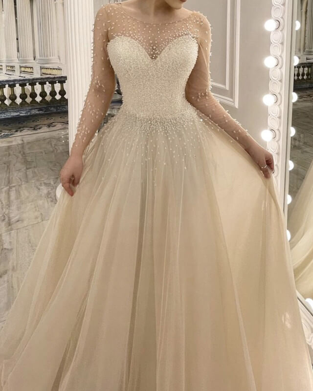 A-line Champagne Wedding Dress Long Sleeve