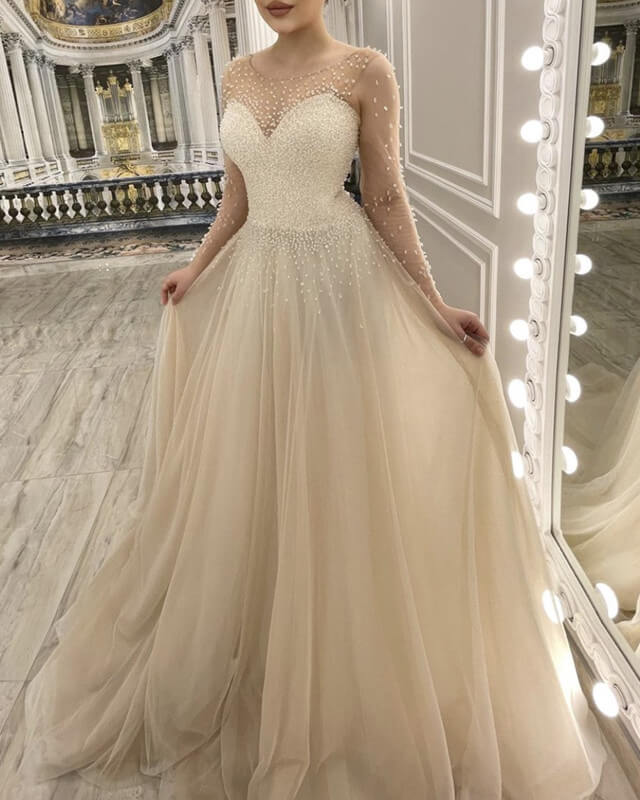 A-line Champagne Wedding Dress Long Sleeve