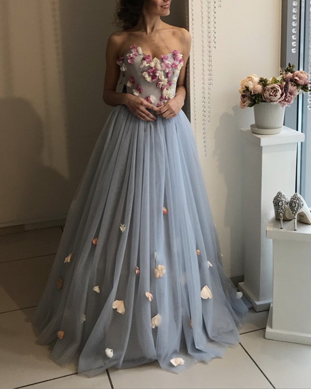 A-line Floral Flowers Sweetheart Tulle Floor Length Wedding Dress